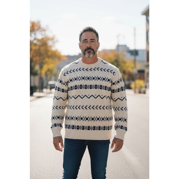 Men Vintage Kuppenheimer Knit White Blue Sweater Made In USA Medium RN#26416 EUC - Picture 1 of 12